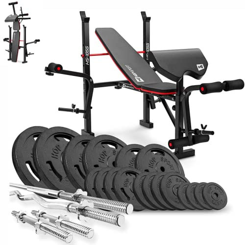 Hop-Sport klappbare Hantelbank HS-1055 mit Curlpult, Butterfly und Beincurler - Guss Gewichte 39 kg - 146 kg - Langhantel, SZ-Stange & Kurzhanteln (146 kg)