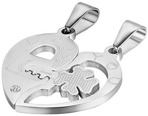 Cupimatch Pärchen Kette Herz für 2 Herren Damen Edelstahl I Love You Herz Strass Puzzle Passender Anhänger Paar Halskette mit 50 cm & 55 cm Kette Partnerarmbänder