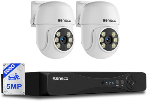 SANSCO 2-Way Audio, 3K Color Night Vision Wired 4CH Home CCTV Camera System | 500GB HDD 24/7 Recording, 2 x 5MP PTZ 360° Rotating Security Camera Outdoor, Face Human Vehicle Detect, Support Up to 4-Cam