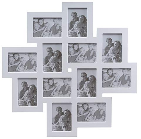 Elbmöbel Bilderrahmen Collage Weiß - Fotorahmen für 12 Fotos aus Holz | Fotocollage Wand aus MDF für Bilder in 10x15 & 15x21 cm, Mehrfachrahmen 62 x 62 cm, Modernes Design, Fertig Montiert