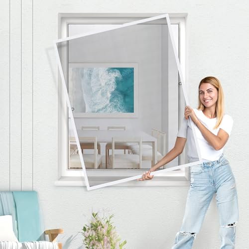 jarolift Fliegengitter für Fenster SlimLine Insektenschutz ohne Bohren, mit Alurahmen Spannrahmen, Mückenschutz Mückengitter, 80 x 150 cm, Weiß