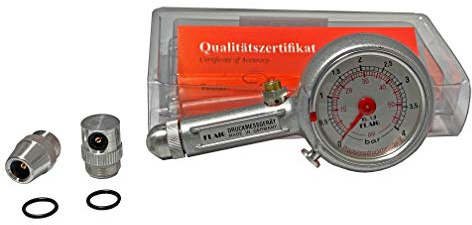 Reifendruckprüfer Reifendruckmesser 0-4 bar mit Ablass, in Klappbox, mit 3 Anschlüssen