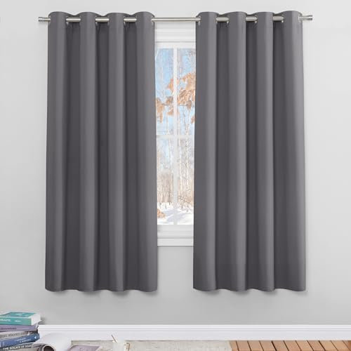 PONY DANCE Grey Blackout Curtains 72 Inch Drop for Living Room, Eyelet Thermal Energy Saving & Light Darkening Curtains for Bedroom, Window Treatment for Bedroom, W46 X L72, Gray