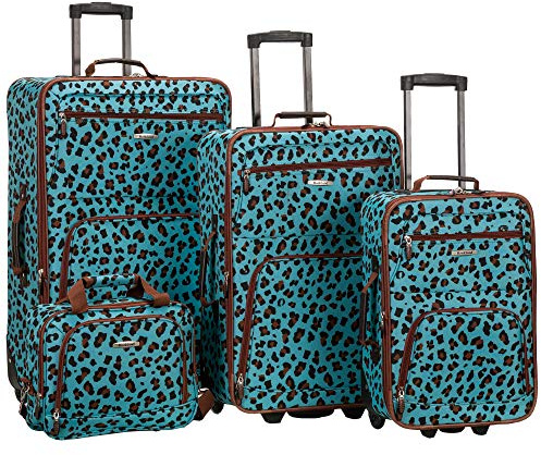 Rockland Fashion Softside 4 Piece Luggage Set, Expandable, (14 Tote/19/24/28), Blue Leopard