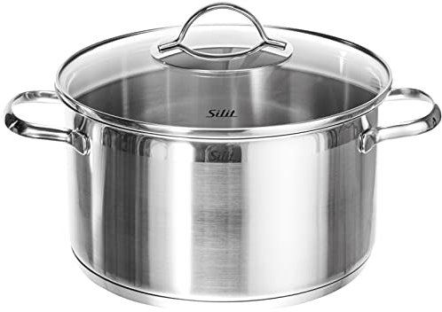 Silit Achat Kochtopf groß 24cm, Glasdeckel, Fleischtopf Induktion 5,6l, Edelstahl teilmattiert, unbeschichtet, backofengeeignet