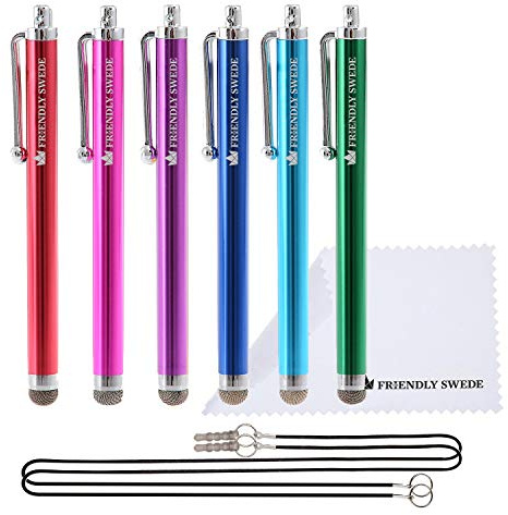 The Friendly Swede Penna stilo micro-Knit per touchscreen - Confezione da 6 penne stilo capacitive universali con punta in fibra ibrida per iPad - cordini e panno di pulizia - Rosa acceso/Blu acqua