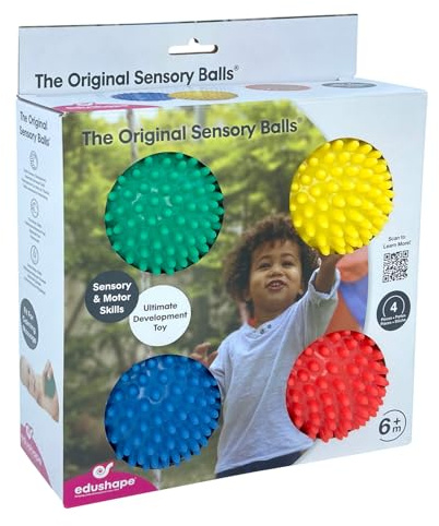 BSM Edushape – Lot de 4 Balles Sensorielles Opaques – The Original Sensory Balls – Jouet Éveil Bébé Dès 6 Mois – Motricité Fine et Stimulation Sensorielle – 4 Couleurs
