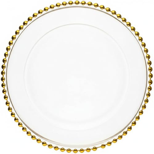 XL Teller, B-WARE, Unterteller aus Glas 32 cm mit Goldrand (1), 1x Glasteller Untersetzer mit Perlen, Extra Groß, Platzteller Dekoteller Servierteller für Hochzeiten, Taufe, Geburtstag, Weihnachten