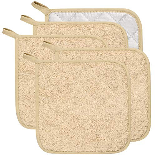Lifaith Set di 5 presine da Cucina Completamente in Cotone e in Tessuto di Spugna termoresistente, Ideali per Uso Quotidiano in Cucina e con fornelli e Forno Marrone Chiaro