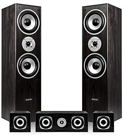 Fenton 5.0 Black Surround Sound Speakers Set - 1150W Home Cinema Speakers, Surround Sound for TV, Hi-Fi Home Cinema Audio System - Black Wooden Tower Satellites - Hi-Fi Speaker Set