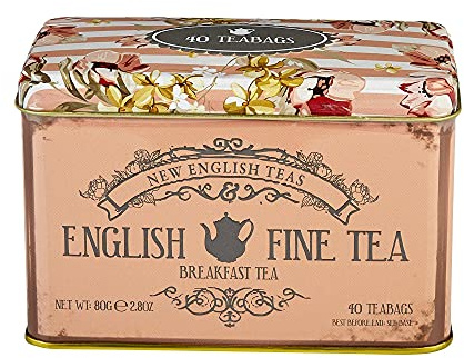 New English Teas Blumen: rosa Teedose mit 40 English Breakfast Teebeuteln