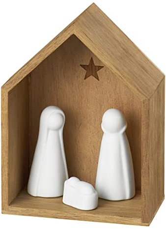 Räder Kleine Krippe 4tlg. aus Akazienholz, unbehandelt mit Porzellanfiguren in der Farbe Weiß, Maße: 12 x 9 x 5 cm, 88960