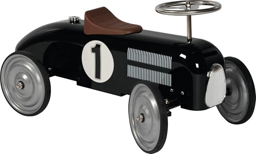 goki 14164 - Rutscherfahrzeug Oldtimer Schwarz, Laufauto aus Metall & Kunststoff mit Gummireifen, bis 25kg belastbar, Babyrutscher inkl. Lenkrad und Startnummer 1, Maße 73 x 35 x 40cm, ab 1 Jahr