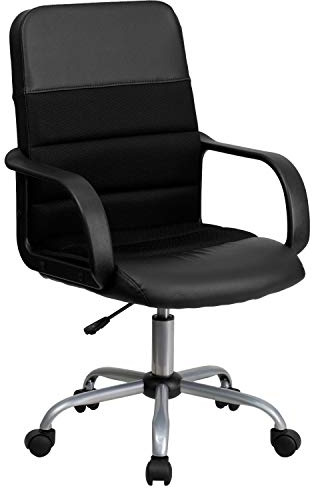 Flash Furniture Manor Schreibtischstuhl mit mittlerer Rückenlehne, Leder, weich, mit Kopfstütze und gepolsterten Armlehnen, höhenverstellbar, gepolstert, ergonomischer Bürostuhl, Schwarz