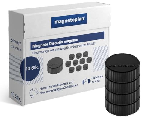 magnetoplan Premium Magnete Discofix magnum l ØxH 34x13mm l 10 St., schwarz | Haftkraft: 2 kg l Magnete für Magnettafeln und Whiteboards l Kratzfreie Spezialbeschichtung l Leicht abnehmbar