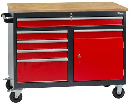 Mobile Werkbank Werktisch Transportwagen rot/anthrazit 5 Schubladen 1 Tür 120x60x93 cm