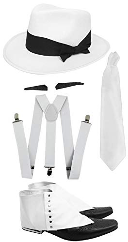 I LOVE FANCY DRESS Gangster-Set FÜR Erwachsene KOSTÜM ZUBEHÖR-KIT - WEIẞE HOSENTRÄGER + WEIẞE Krawatte + SPIV Schnurrbart + Gamaschen + WEIẞER WEICHER FILZHUT - PERFEKT FÜR KOSTÜMPARTYS
