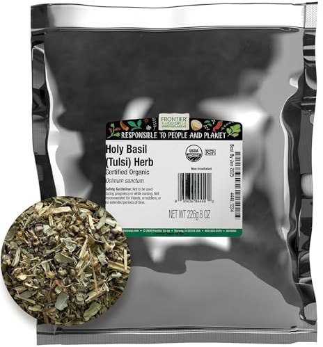 Frontier Co-op Organic Tulsi Holy Basil Herb, 8oz Bulk Bag - Highly Aromatic with Minty Flavor - Perfect for Cooking, Tulsi Tea and Herbal Uses, Kosher