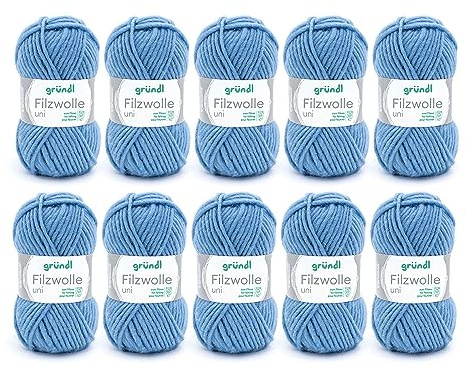 Gründl filtull uni (ull för filning, stickning och virkning, garn tillverkat av 100% ny ull, 50 g/50 m, nåltjocklek: 8 – 9, 10 x 50 g), duvblå, 31 x 32 x 7,5 cm