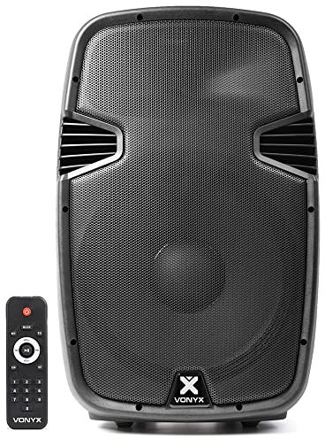 VONYX SPJ1500ABT 15 Active PA Speaker 800W Bluetooth Powered Speaker with USB MP3 Player, Mic Input, Remote, Tripod Stand Mount & Built-in Wheels for DJs, Events & Live Music