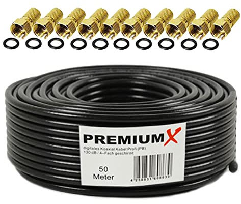 PremiumX Professionale Set Cavi Coassiali da 50m – Satkabel Nero | Rame Puro | Antennenkabel Schermato 4-vie | 10 Connettori F Inclusi - Supporta 8K, 4K UHD & 3D per Sat, Cavo, DVB-T