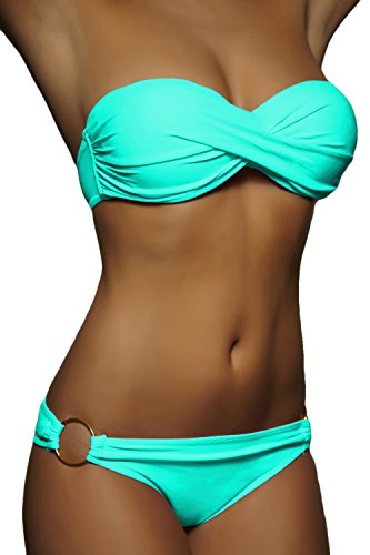 ALZORA Twist Push Up Bandeau Bikini Set Damen Pushup Badeanzug viele Farben und Größen (M, A1-1-Türkis)