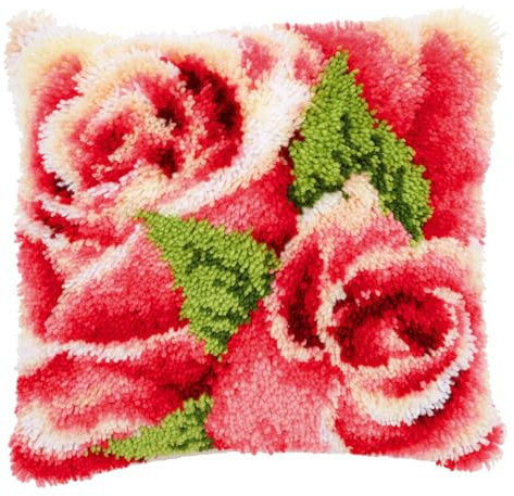 VERVACO Knüpfkissen Set Deko Kissenbezug Knüpfset für Anfänger ROSENBLÜTE Basteln Erwachsene Kreativ DIY Handarbeit Kissen zum Selber Knüpfe 40 x 40 cm Latch Hook Kit Knüpfhaken Set Kissen