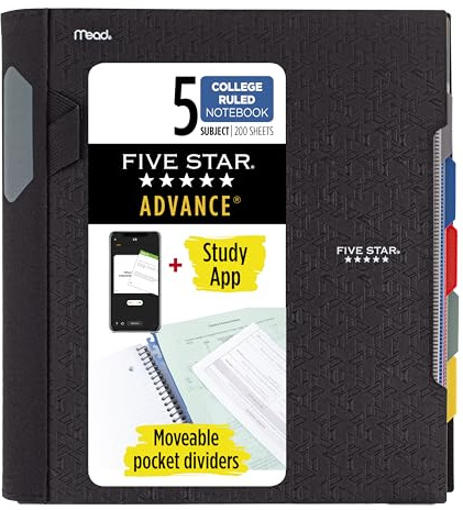 Five Star Spiral Notebook + Study App, 5 Subject, College Ruled Paper, Advance Notebook with Spiral Guard, Movable Tabbed Dividers and Expanding Pockets, 8-1/2 x 11, 200 Sheets, Black (73144)