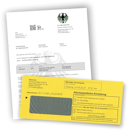 Geburtstag Einladung als Mahnbescheid lustig Geburtstagseinladungen | Mahnbrief Geburtstagseinladungen - Förmliche Einladung, jedes Alter möglich, 30 Briefe mit Umschlag