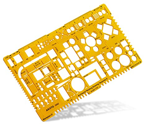 Aristo AR5062 Architektur Werkschablone 2 (1:50, Darstellung von Grundrissen und Isolierschichten, Tuschenoppen, formstabiler PET-Kunststoff) orange-transparent