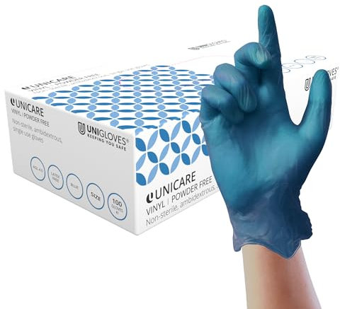 Unigloves Unicare Gants d'examen en vinyle bleu - Gants à usage multiple, sans poudre et sans latex - Boîte de 100 gants, bleu, taille XL (GS0085)
