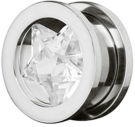 Piercingfaktor Flesh Tunnel Ohr Piercing Plug Ohrpiercing Schraub Edelstahl Zirkonia Kristall Stern Inlay 6mm Clear