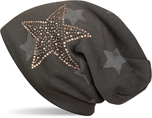 styleBREAKER Unisex Beanie Strass Stern Fleece Futter 60cm | Thermo Inlay. elastisches Material. Bundweite 26cm. Höhe 27cm. Einheitsgröße. winterfest. weiche Haptik.