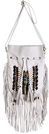 Boho-Tasche aus echtem Leder, mit Fransen, Bohemian-Stil, Weiß