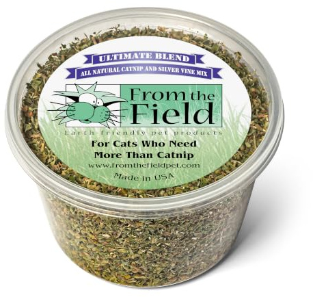 from The Field | Ultimate Blend Catnip & Silver Vine | Premium USA-Grown Catnip for Toys & Playtime | Fresh, Potent, Non-Toxic, Eco-Friendly | Safe for Kittens & Cats | Resealable 2 Oz Tub