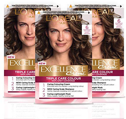 L'Oréal Paris Excellence Crème Permanent Hair Dye, Radiant At-Home Hair Colour with up to 100% Grey Coverage, Pro-Keratin, Up to 8 Weeks of Colour, Pack of 3, Colour: 6 Natural Light Brown