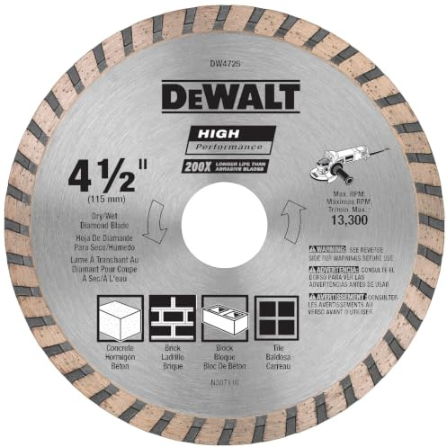 DEWALT Diamond Blade for Masonry, Dry Cutting, Continuous Rim, 7/8-Inch Arbor, 4-1/2-Inch (DW4725)