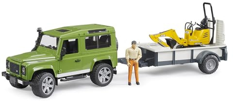 bruder 02593 - Land Rover Defender Station Wagon con remolque de un eje, micro excavadora JCB 8010 CTS, trabajador de la construcción