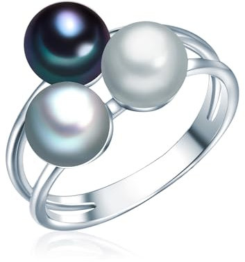 Valero Pearls Damen-Ring Hochwertige Süßwasser-Zuchtperlen 6-7 mm Button grau/silbergrau/pfauenblau 925 Sterling Silber - Perlenring