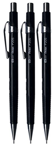Pentel Bleiklammern, 0,5 mm, schwarz, P200 P205) Series-Automatik mechanische Draughting, nachfüllbar, Radierer P205-ein (3 Stück)