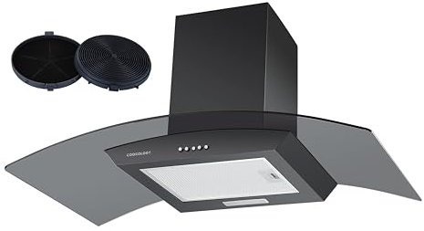 Cookology CGL900BK/A Cooker Hood Chimney Kitchen Extractor Fan 90cm with Carbon Filters, Recirculating Wall Mounted, Curved Glass, Energy Rating A, 3 Speed Settings, LED, Adjustable Height - Black