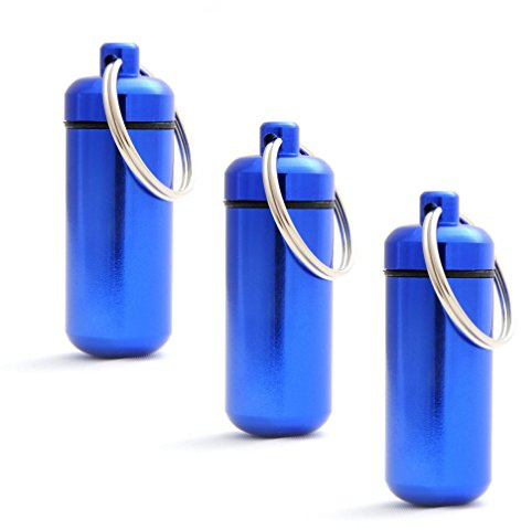 Ganzoo Aluminium-Kapsel Pillendose mini, wasserdicht, blau, 45mm, Schraubverschluss mit Gummidichtung, Maße: 17mm Außendurchmesser 15mm Innendurchmesser, Schlüsselring Ø 25mm, 10g, Aufbewahrungskapsel