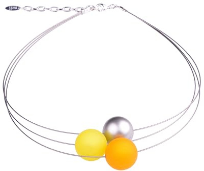 Adi-Modeschmuck Damenkette “Mara”, 3-strängiger Halsreif aus 20mm Polarisperlen in gelb und safran sowie einer Akzentperle aus metallic lakiertem Acryl, handgefertigt Berlin