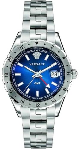 Versace V11010015 Herren Analog Quarz GMT Uhr mit Edelstahlarmband Blau Hellenyium