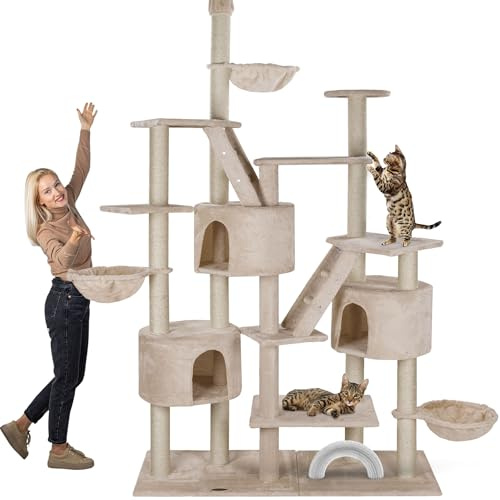 HAPPYPET XXL Kratzbaum Simba deckenhoch 260 cm - Kletterbaum Paradies, Extra Breit, Höhlen, Liegemulden, Großer Katzenbaum Stabil für Katzen, 9 cm Säulen, viel Zubehör