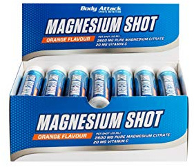 Body Attack- Magnesium Shot, hochdosiertes & flüssiges Magnesium, 225mg Magnesium, Extra Portion Vitamin C, 2600mg Magnesium Citrate, Veganes Pre & Postworkout, Made in Germany- 20 x 25ml (Orange)