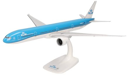 herpa Snap-Fit Modellflugzeug KLM Boeing 777 300ER, Miniatur im Maßstab 1:200, Sammlerstück, Modell mit Standfuß, Kunststoff, Blau/Weiß, Blau/Weiß