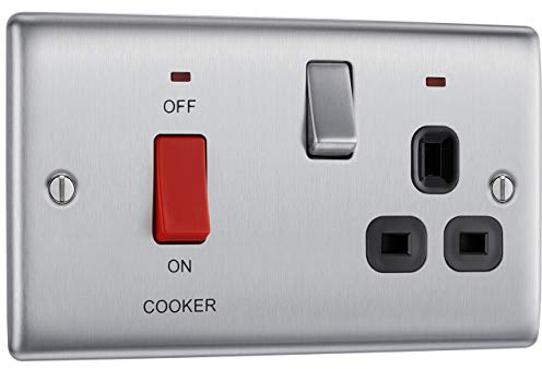 BG Electrical Cooker Switch with Socket and LED, Cooker Control Unit, Control Socket, Double Pole, Raised Profile, Round Edges, Nexus Metal, Brushed Steel, Black Inserts, 45A, NBS70B