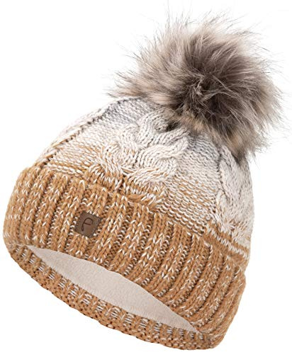 Faera Wintermütze Mütze Damen warm gefüttert mit Kunstfell Bommel-Mütze Fleecefutter Winter Strickmütze Beanie