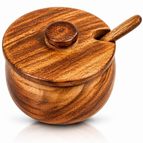 Decorative Rustic Wooden Sugar Bowl & Spoon With Lid Wide Mouth Candy Treat Jar Spice Jar Holder Condiment Nuts Serving Bowl Pot Salt Spice Herb Loose Leaf Tea Storage Container Novelty Home & Kitchen